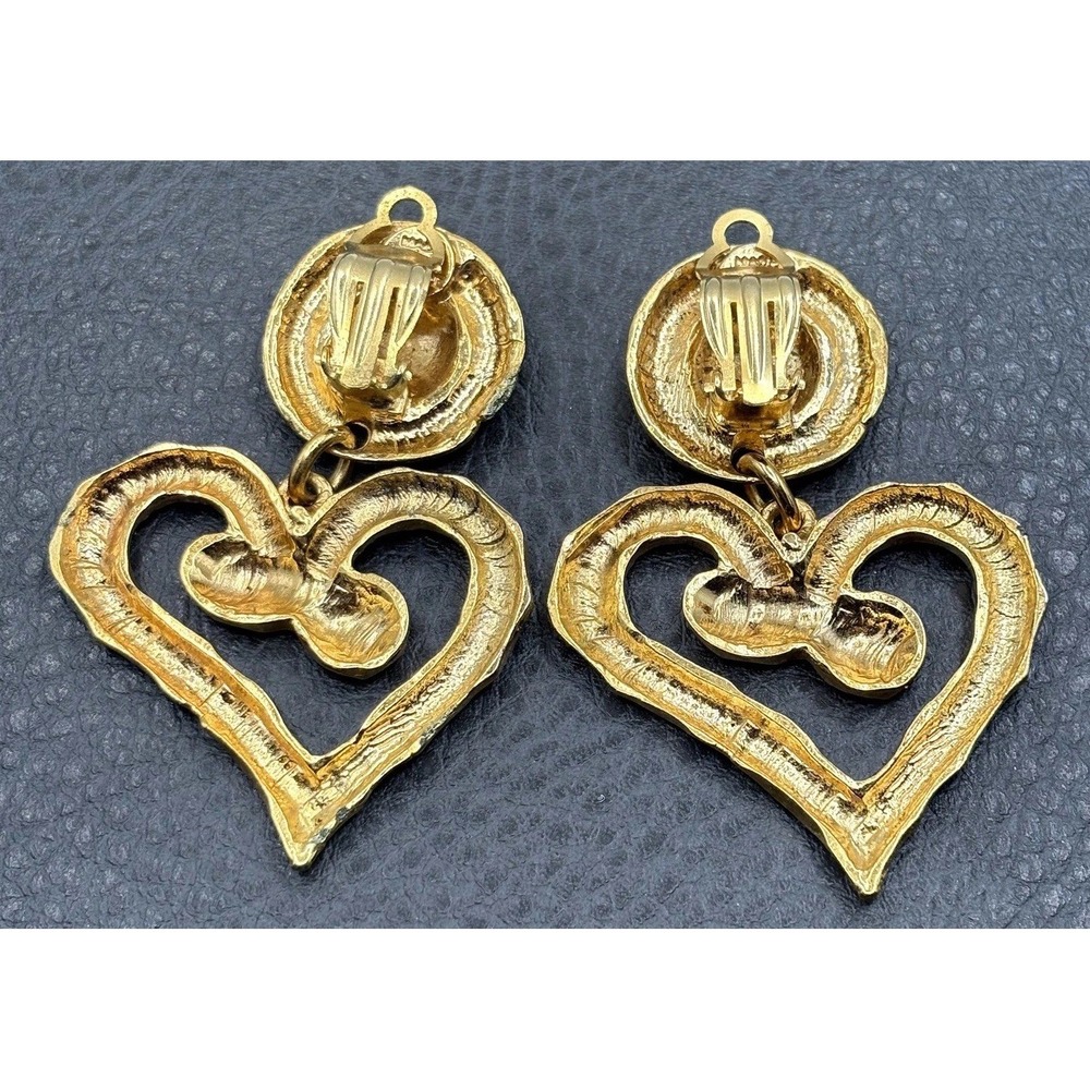Vintage Made In France 80s Hammered Massive Heart Dangle Clip Earrings Runway - Picture 5 of 16
